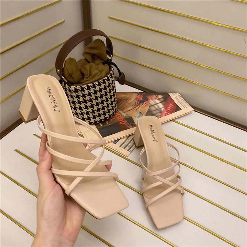 

Sandals NIUFUNI 2021 Women Summer Shoe Square Root High Heels Women's Shoes Woman, Plain weave pink