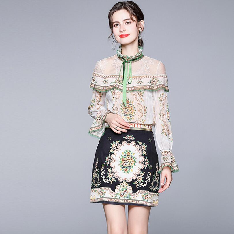 

Vintage Two-Piece Suit Summer Spring Fashion Design Women Runway High Quality Chiffon Blouse + Skirt Flower Print 2-piece Set w127, Photo