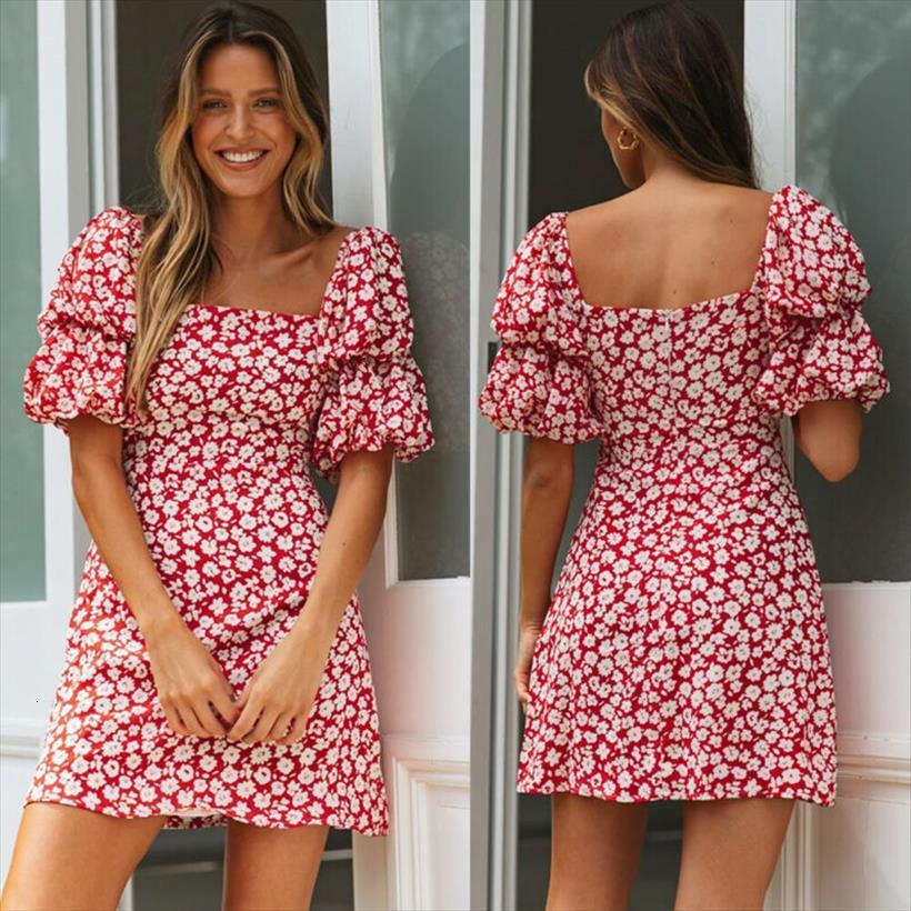 

flower vintage puff sleeve summer women dress square collar beach mini high waist zipper female red sundress, Black;gray