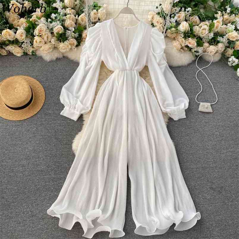 

Summer Beach Romper Fashion Women Puff Sleeve V-neck Ladies Pleated Wide Leg Ruffle Overalls Jumpsuits Femme 210519, Pink