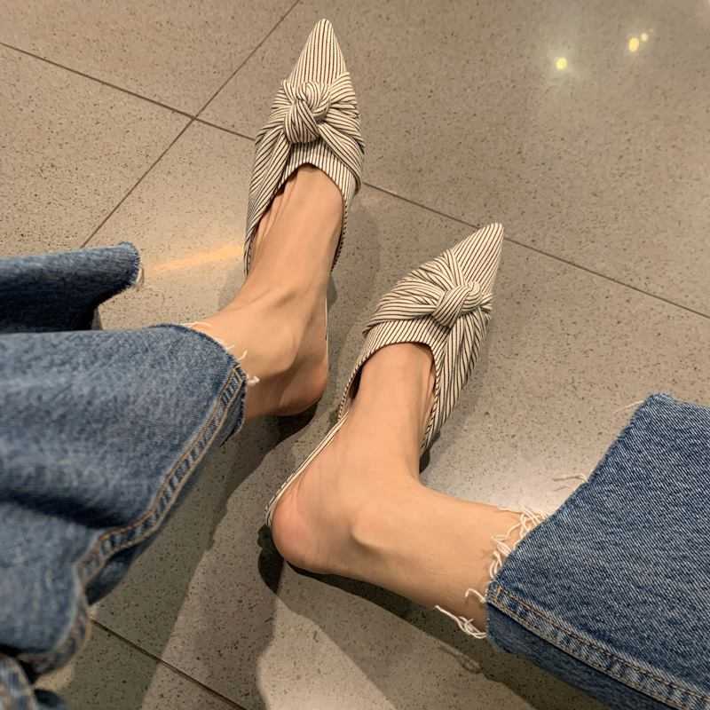 

ALLBITEFO Fold Design Pointed Toe Genuine Leather Women Slippers Expose The Heel Summer Fashion Flip Flops Women Heels Shoes 210611, As picture