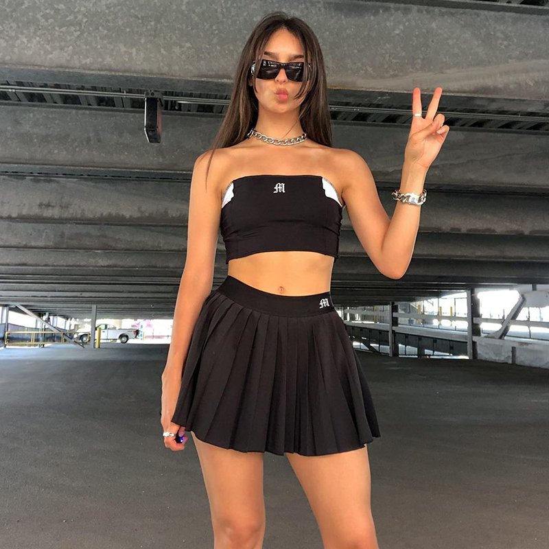 

2021heyoungirl casual white mini pleated skirts shorts letter print high waisted short skirt korean preppy style summer dance 2021, Black