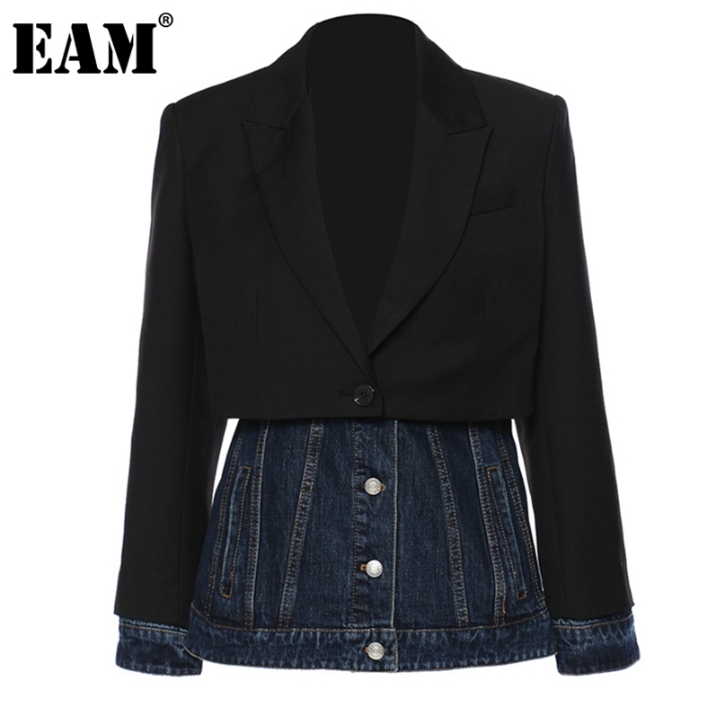 

[EAM] Women Black Denim Spliced Long Blazer Lapel Sleeve Loose Fit Jacket Fashion Spring Autumn 1DE1679 211019