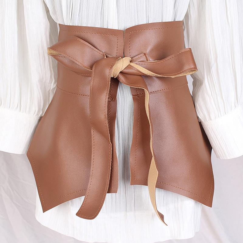 

Belts Spring Solid Color Black Red Pu Leather Bow Belt Women All-match Ruffle Skirt With Extra Wide Waistband Dress Accessories, Black;brown