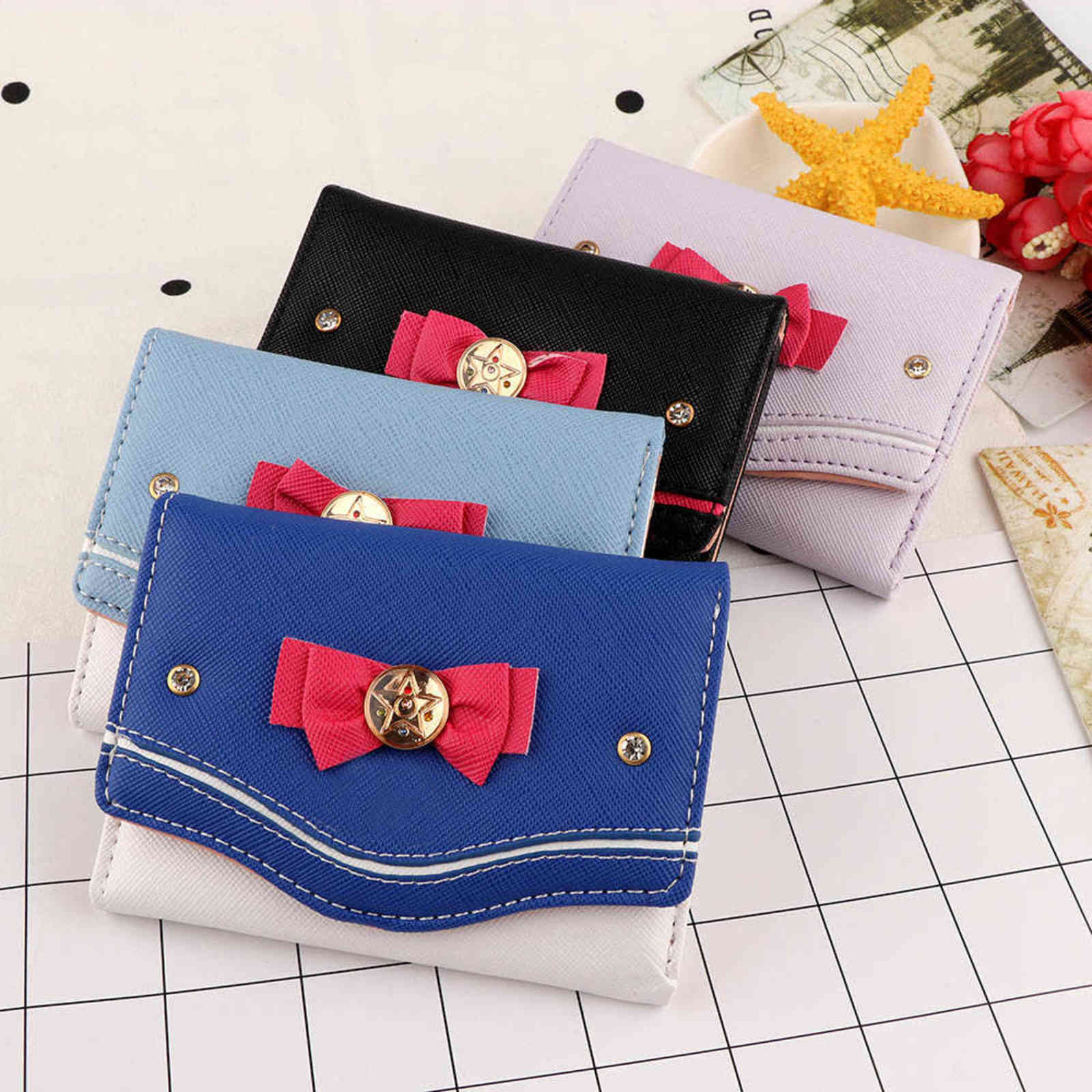 

Women Short Wallet Candy Color Bow Knot Clutch Purse Fashion Girl Sailor Moon Handbag Card Coin Bag 2020 New Popular, A-purple