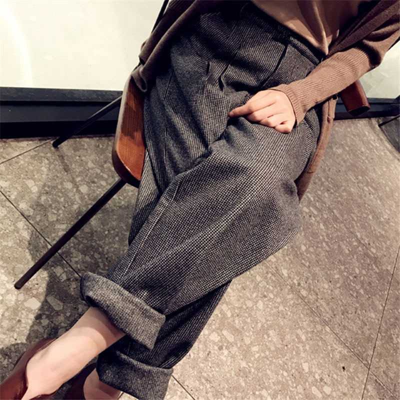 

Arrival Spring Autumn Korea Fashion Women High Waist Woolen Loose Plaid Pants Plus Size Femme Casual Wide Leg Pants V135 210608, Picture color