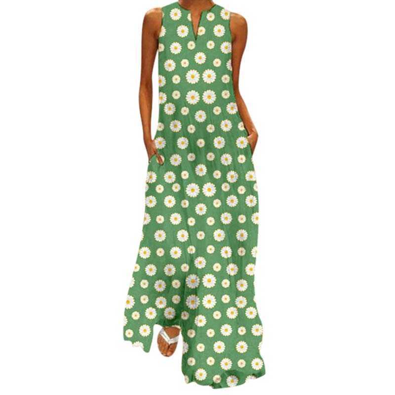 

Boho Floral Print V Neck Sleeveless Off Shoulder Ankle Length Dress Women Streetwear Casual Loose Party Plus Size Dresses 210608, Blue