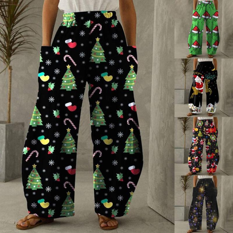 

Women's Pants & Capris Elastic Waist Wide Leg Xmas Big Pockets Christmas Tree Snowflake Print Women Casual Trousers Streetwear, Black;white