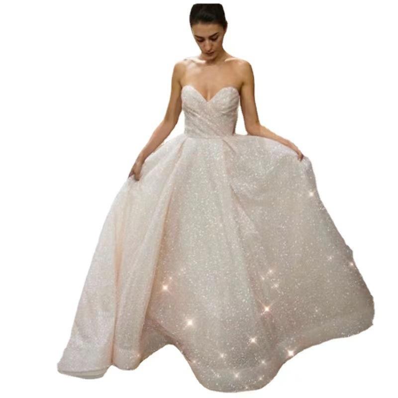 

2022 Sparkly Sequined Strapless Long Wedding Dress For Women Sweetheart Neck Sleeveless A Line Bling Floor Length Bride Wedding Gowns, White