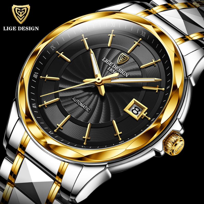 

Wristwatches LIGE DESIGN Men Automatic Watch Luxury Mechanical Wristwatch Tungsten Steel 100M Waterproof Top Brand Business Watches Clocks, Gold