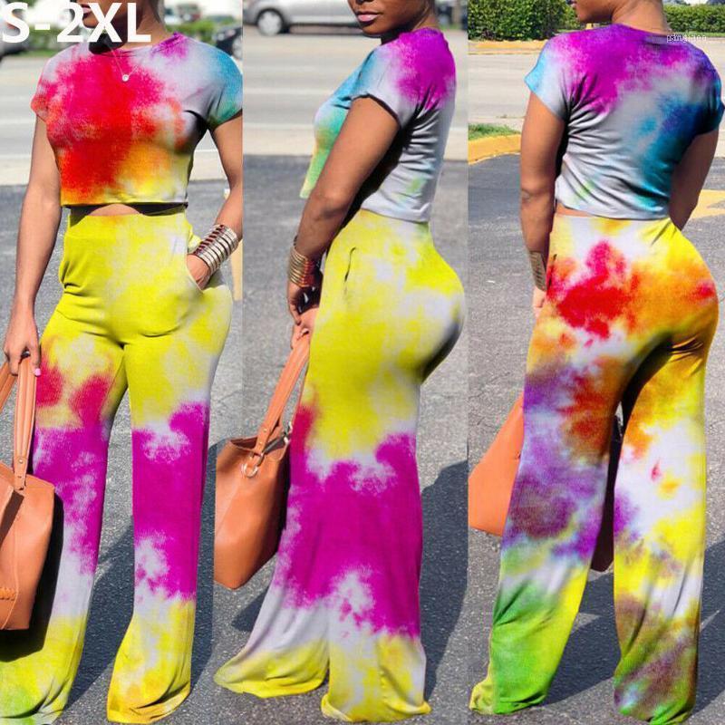 

Women Two Piece Set Crop Top Tie Dye Shirt Wide Leg Pant Suit Summer Cotton Sets Short Sleeve Tracksuit Clothes Women's Tracksuits, Gray