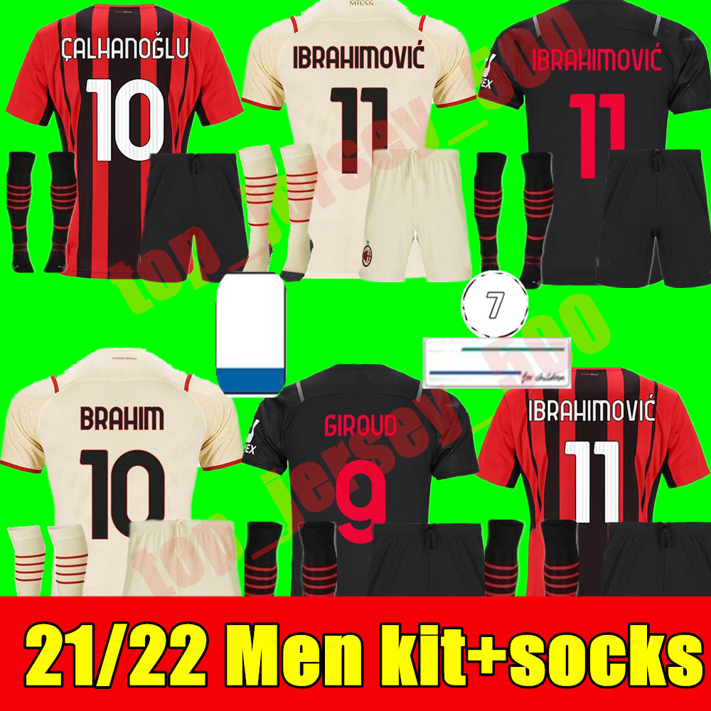 

AC milan Men kit 21 22 soccer jersey home away 3rd IBRAHIMOVIC BRAHIM BENNACER KESSIE ROMAGNOLI CALHANOGLU 2021 2022 football shirt TONALI REBIC maillot adult kits, Home+league patch