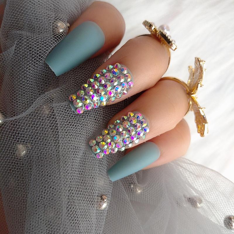 

False Nails 2021 Luxury Jewelry Short Ballet Coffin Frosted Nail Crystal Drill Blue Flash, Red;gold