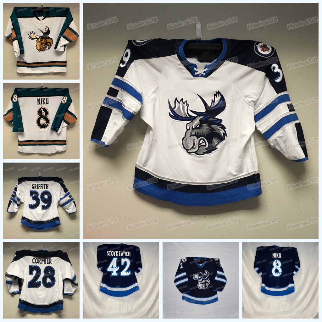 

Custom Manitoba Moose Hockey Jersey AHL Austin Poganski Leon Gawanke David Gustafsson Ville Heinola Jeff Malott Cole Maier Thomas Caron Declan Chisholm, Women