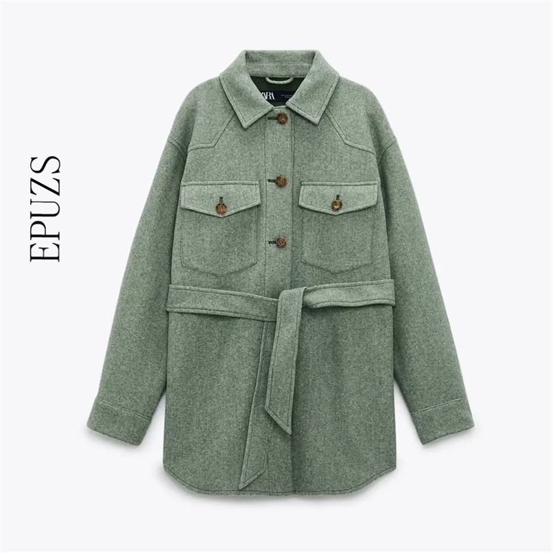 

Za Women winter jacket With Belt Loose Woolen Jacket Vintage Long Sleeve coat female green thick Overcoat 211109