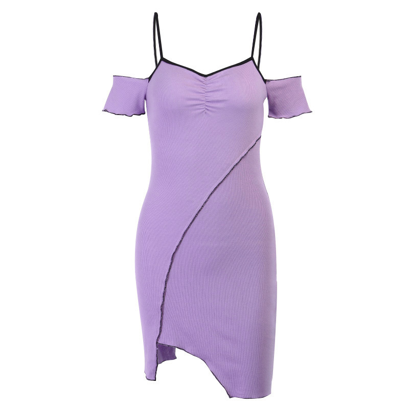 

Paris Girl Summer Irregular Sexy Strapless Word Shoulder Strap Dress Women Fashion Bag Hip Purple Dresses 210524