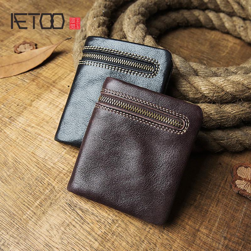 

Wallets AETOO Men's Short Wallet, Leather Zipper Ultra-thin Mini Cowhide Coin Purse, Black