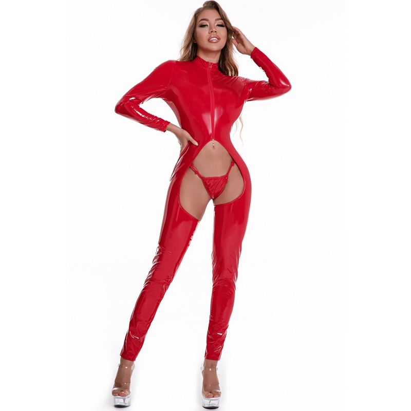 Porn Club Faux Leather Catsuit Shiny PVC Open Crotch Jumpsuits Women Sexy Hollow Out Erotic Bodysuits Latex Crotchless Rompers-image-747055364