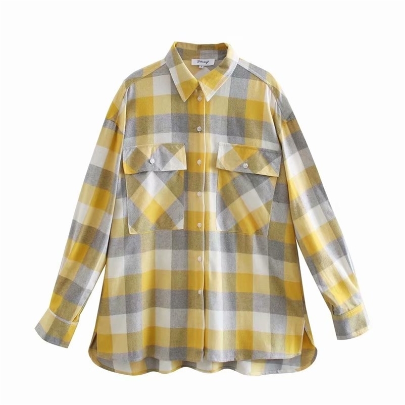 

Summer Turn-down Collar Long Slim Yellow Plaid Patchwork Single Breasted Button Pockets Women Shirt 210524, Gold