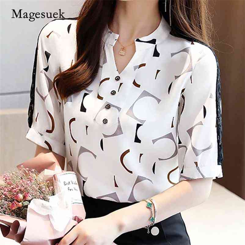 

Summer Short-Sleeved Office Lady Women' Blouse Geometric Printed Chiffon Buttton Tops V-Neck Ladies Shirt Blusas 10678 210518, Black
