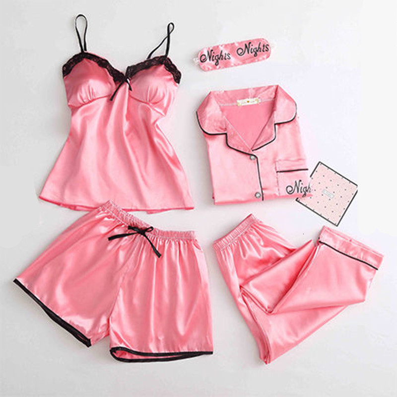 Women&#039;s Sleepwear Pajamas Long Sleeves Button Sex Lace Mask Shirt Casual Pants Solid Color Silk Bra Suit Homewear Big Size LBPI-image-695495301