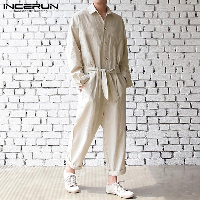 

Man Long Sleeve Lapel Rompers INCERUN Men Jumpsuits Vintage Solid Color Buttons Cargo Overalls Stylish Loose Casual Pants -5XL Men, Beige