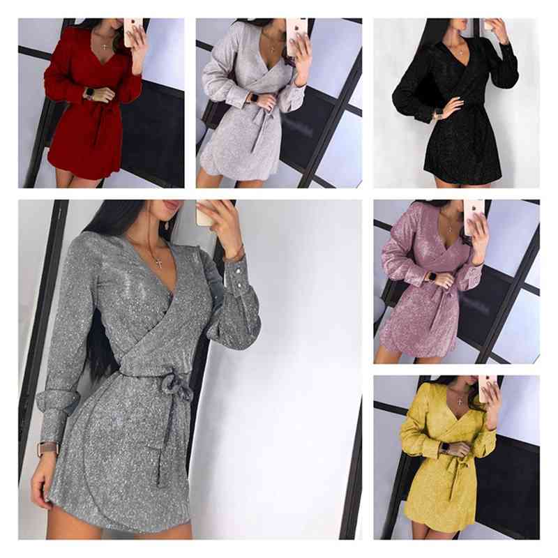 

Women' lace up V-neck Sequin silver dot dress, Wine