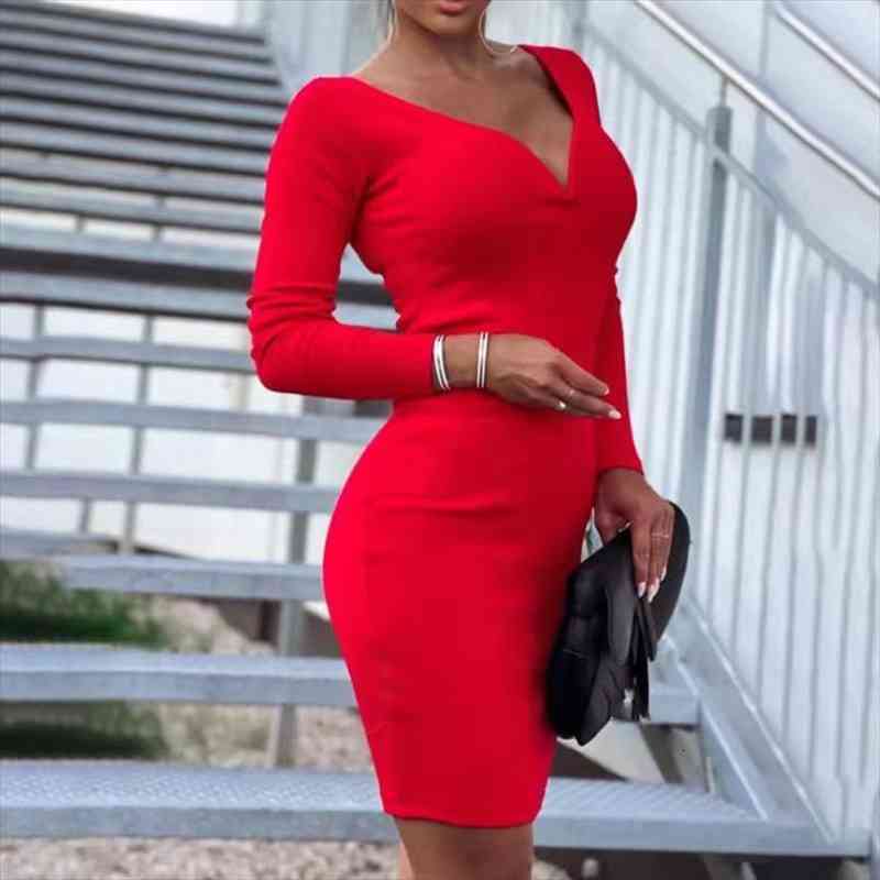 

Spring Autumn Lady Long Sleeve Dress Mini Dress Women Elegant V-neck Solid Color Slim Fashion Bodycon Party, Black;gray