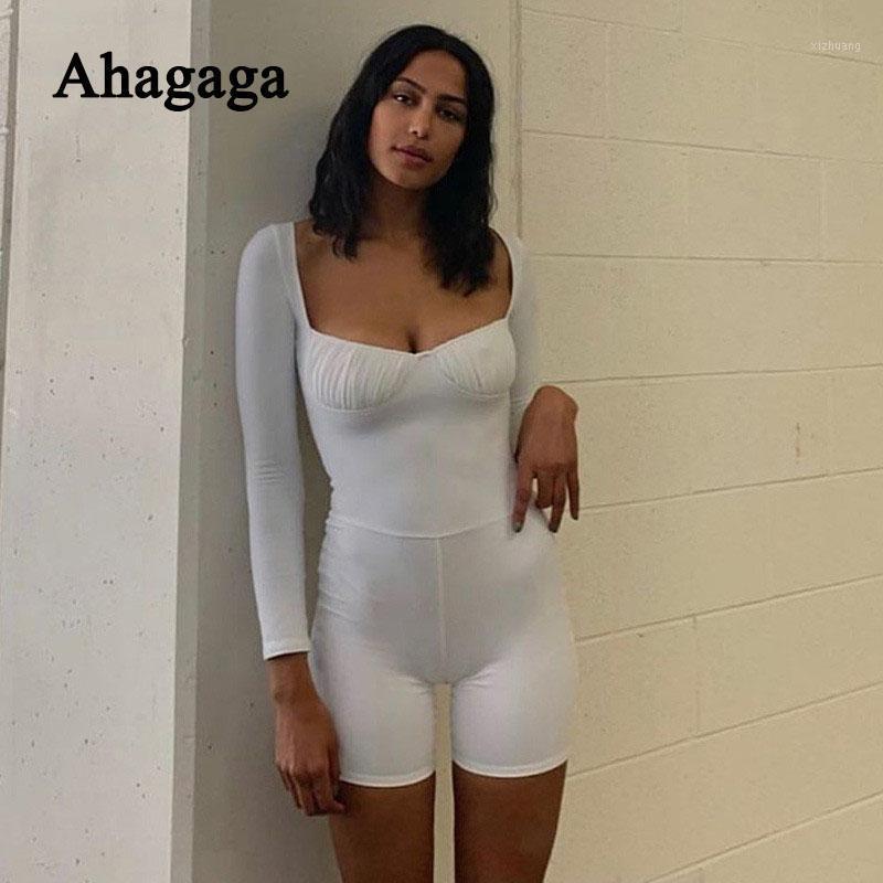 

Ahagaga 2021 Rompers Women Jumpsuits Sexy Playsuits Long Sleeve Solid Bodycon Square Collar Tops Skinny Streetwear Women, White