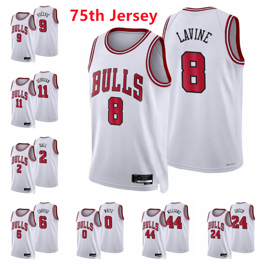 

Chicago's Bulls's NBA's Men Zach LaVine 8 DeMar DeRozan 11 Lonzo Ball 2 Alex Caruso 6 Nikola Vucevic White Williams 75th Diamond, Black