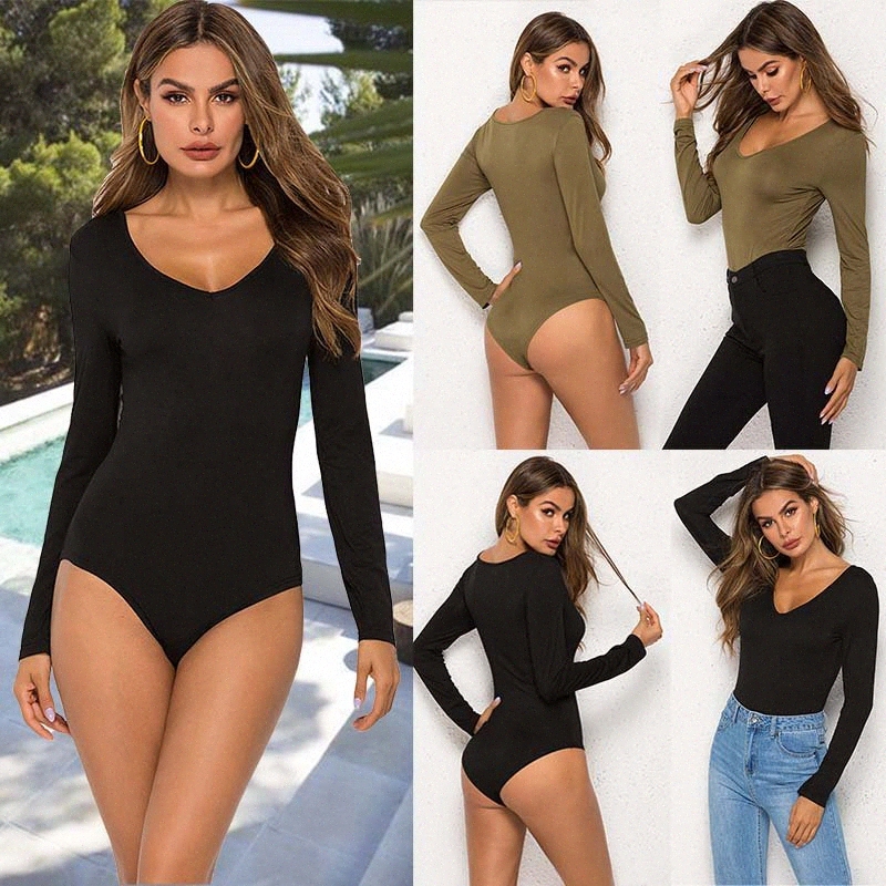 

New Women Long Sleeve V Neck Bodysuits Jumpsuit Leotard Tops Stretch Solid Casual Body Femme Fall Winter Womens Clubwear o3C5#, Black
