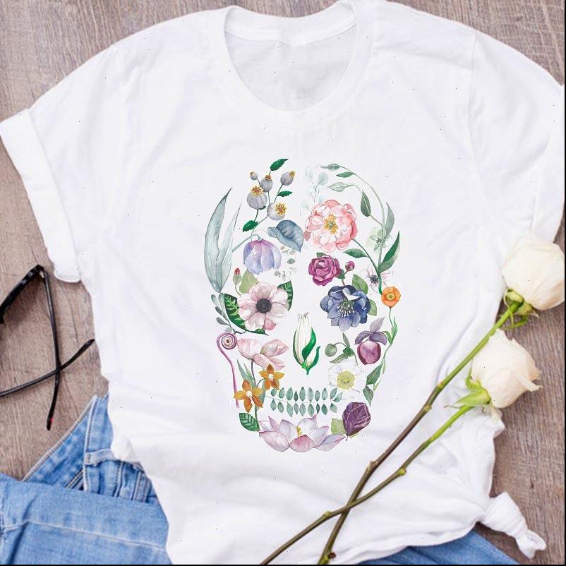 

graphic skull face flower women plant floral 90s print halloween clothing clothes lady tees female t shirt womens, White