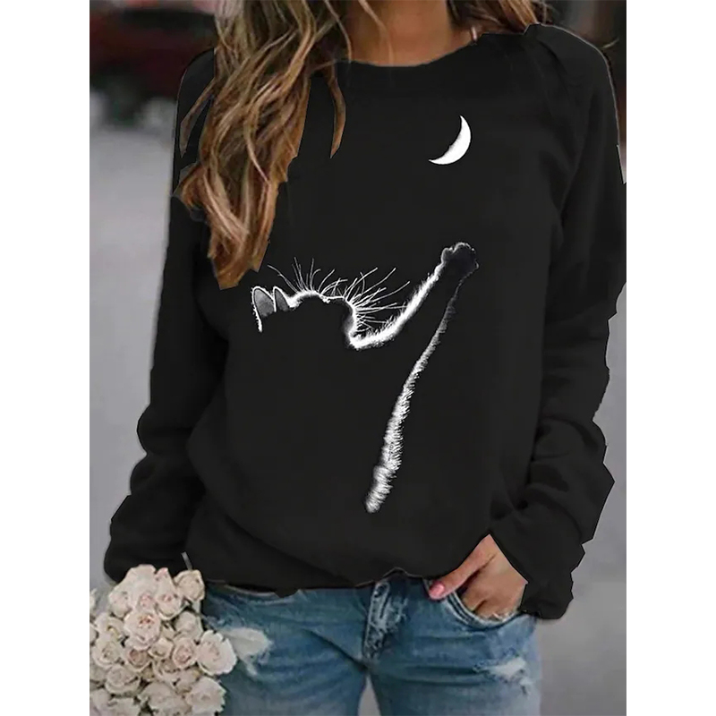 

Cat Shadow Women s Fashion 3D Printing Short Slim T-shirt Autumn Top Long Sleeve Round Neck Basic Casual, White