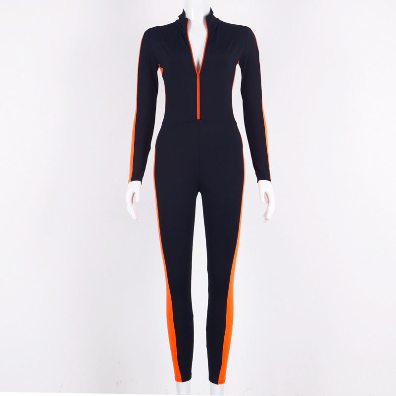 

2021hugcitar long sleeve striped patchwork zippers jumpsuit 2021 summer stretchy streetwear outfits body, Black;white