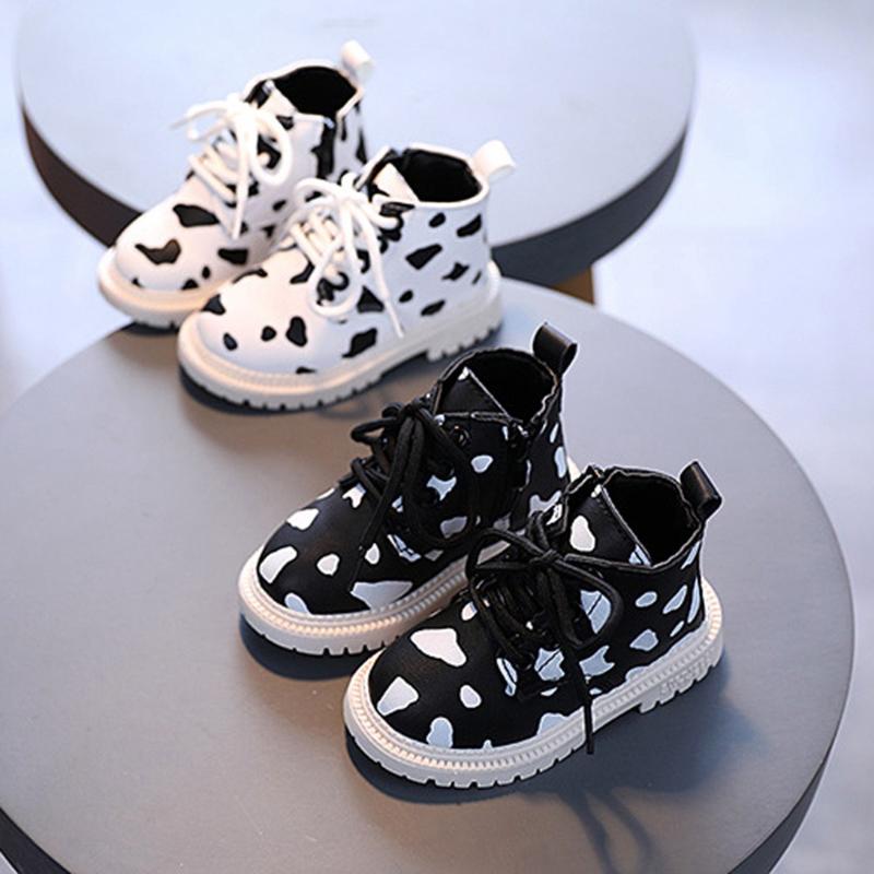 

Fashion 2021 Autumn Girls Boys Boot Shoes Kids Children Baby PU Leather Cow Pattern Boots Zapatos S11459, White