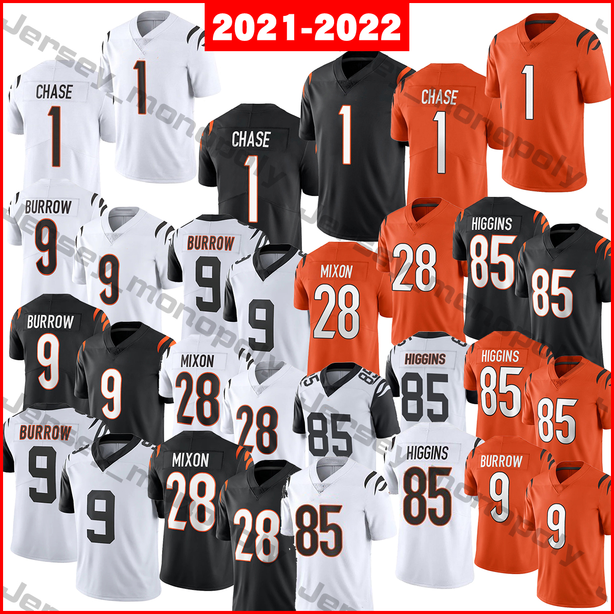 

2021-2022 Football Jerseys 1 JaMarr Chase 9 Joe Burrow 28 Joe Mixon 85 Tee Higgins, As