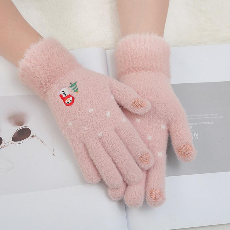 

Five Fingers Gloves Winter Warm Soft Furry Women Girls Full Touch Screen Lovely Snowman Embroidery Mittens Crochet Glove Gift, Blue;gray