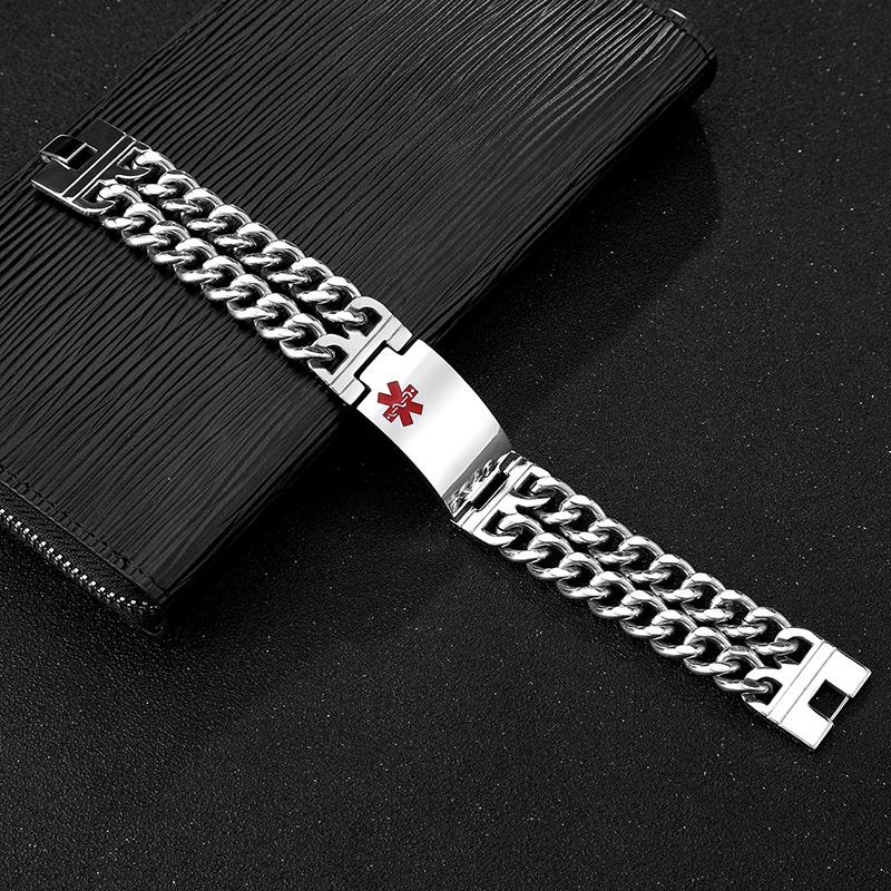 

23MM Width Men's Medical Alert ID Tag Link Chain Stainless Steel Bangle Wrist for Men Cuba Bracelet Free Engraving, Black