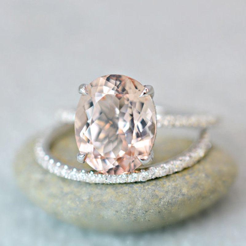 

Wedding Rings Women Alloy Set Anniversary Proposal Clear Huge Morganite 2 PCs Size 6-10 Birthday Party Engagement Gifts Ring