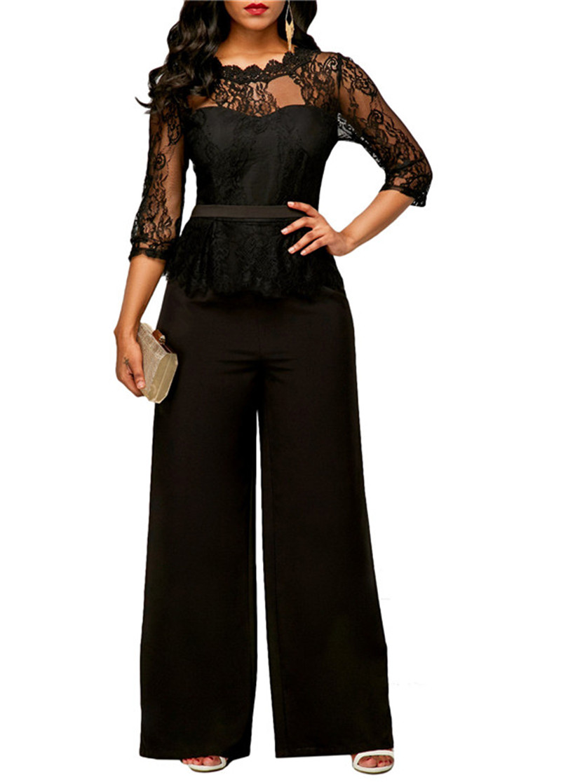 Woman Lace Patchwork Jumpsuit Three Quarter Sleeve Lace Top Wide Legs Office Ladies Sexy Slim Jumpsuit-image-681806611