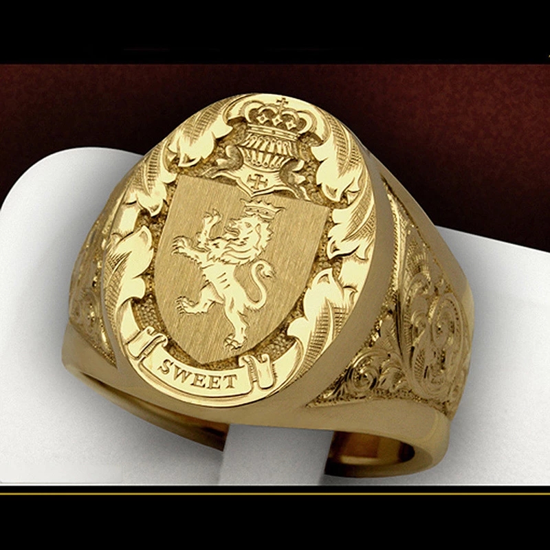

Fashion Gold Color Hand Carved Ring For Men High Quality Lion Crown Signet Rings Personality Male Seal Punk Party Jewelry Gifts