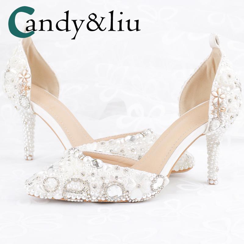 

Dress Shoes White Pearl Crystal Wedding Pointed Toe High Heel Ankle Strap Sandals Rhinestone Flowers For Party Bridesmaid Banquet, Heel 8cm