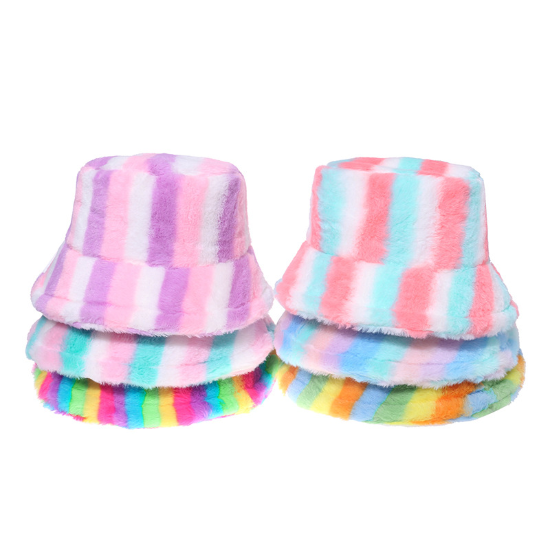 

Hats & Caps Cross-Border Amazon Japanese and Korean Casual Fashion Rabbit Fur Colorful Striped Bucket Warm Fisherman Hat Womens