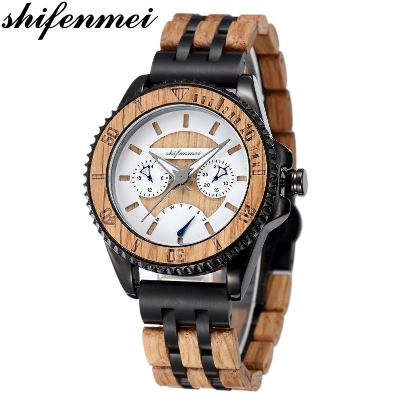 

Wristwatches Shifenmei Men's Watches Wood Chronograph Sports Quartz Clock Men Wooden Calendar Retro Wristwatch Male Relogio Masculino, S5600-1