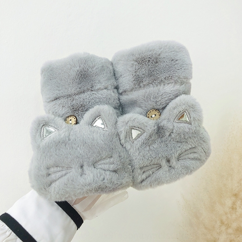 

UJtj korean cat cover autumn winter lovely student plush thickening warm and mittens and cold proof plush open fingered gloves gloves