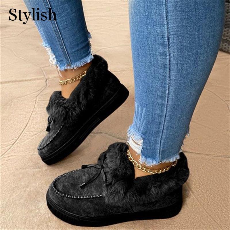 

Bowknot Snow Boots Women Platform Flats Shoes Solid Femme Short Plush Bottes Plus Size Casual Ladies Winter Warm, Lightpink