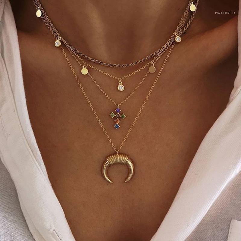 

Chains CANZE Fashion Retro Moon Cross Circle Pendant Multilayer Gold Colodr Necklace Party Charm Jewelry Accessories For Women, Silver
