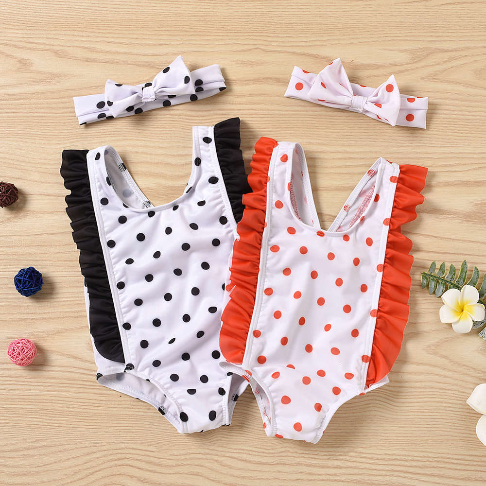 

Children's suit Girls' children's Ruffle printed Bikini Swimsuit one piece swimsuit with Hairband, Black
