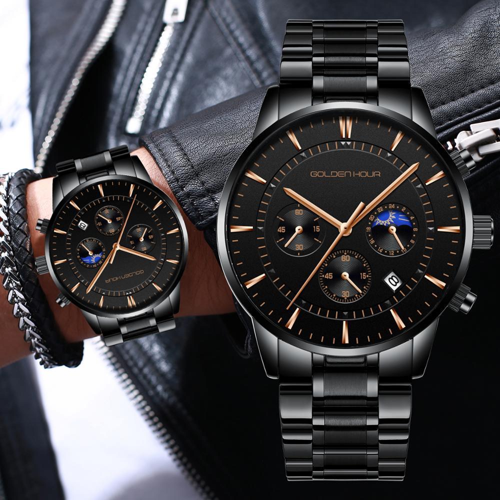 

Watch Men GOLDENHOUR Top Brand Luxury Stainless Steel Quartz Watches Mens Waterproof Chronograph Wristwatch Relogio Masculino 210517, L-black gold