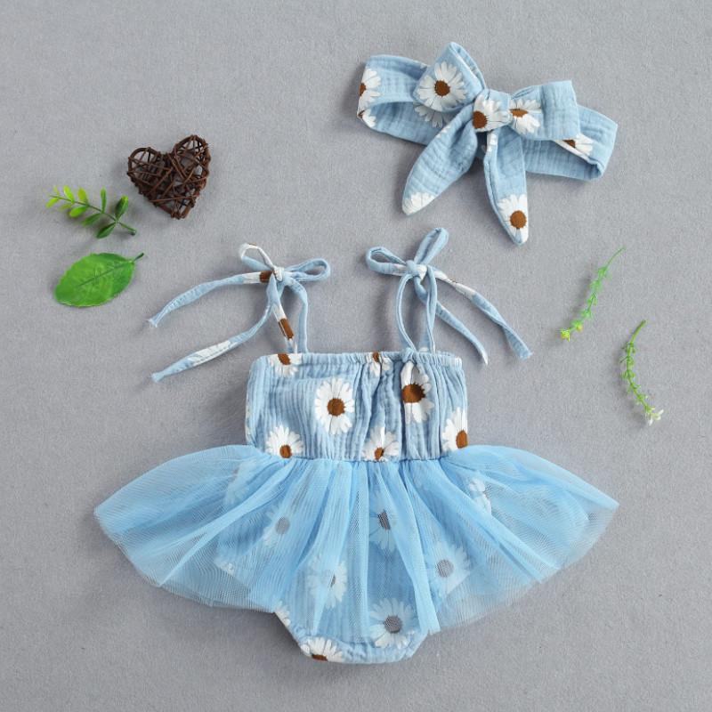 

Clothing Sets Baby Girl\u2022s Lace-Up Suspender Romper Fresh Daisy Printing Mesh Yarn Jumpsuits And Headband Summer 2022, White